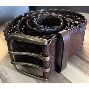 Dark Brown Black Woven Braided Leather Belt Womens M/L Brass Silver Hardware Vtg